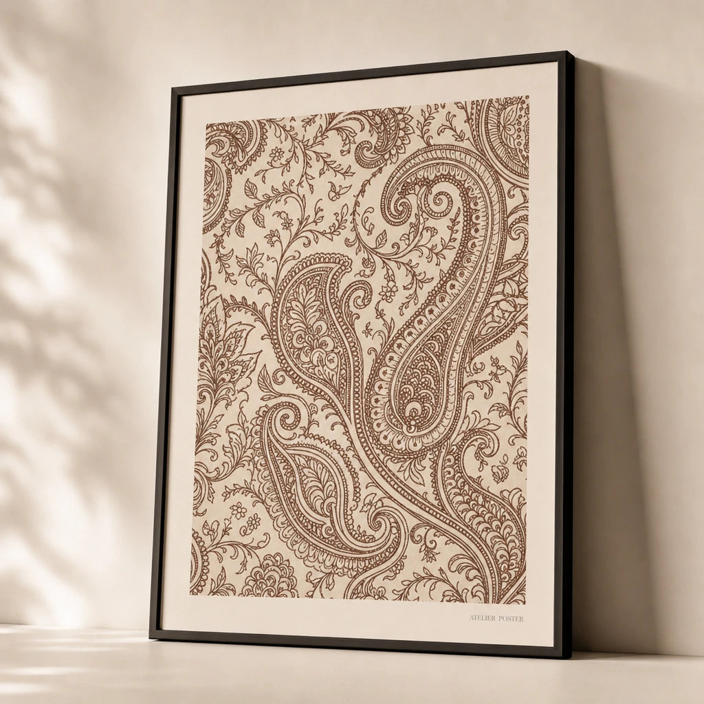 Hand-Drawn Henna Detail Poster — Hand-drawn henna paisley and vine pattern in deep umber, premium hero shot, Atelier Poster