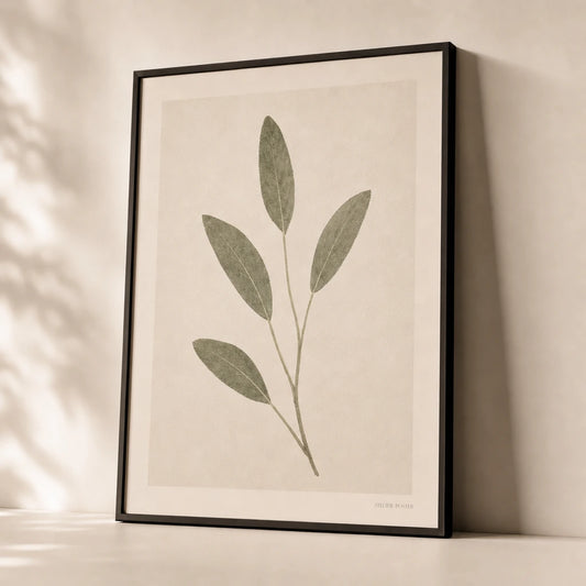 Sage Branch Solo Poster — Single sage branch with five leaves in muted sage green, premium hero shot, Atelier Poster