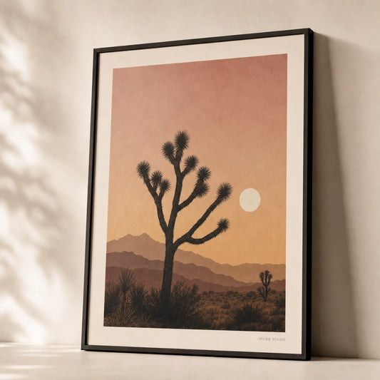 Joshua Tree Desert Poster — Joshua Tree silhouettes against pink-ochre desert sunset, premium hero shot, Atelier Poster