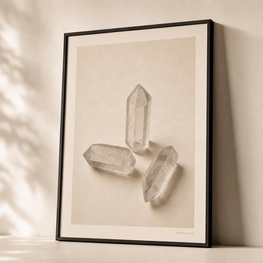 Clean Girl Crystal Quartz Poster — Three clear quartz crystals clean girl wellness aesthetic, premium hero shot, Atelier Poster