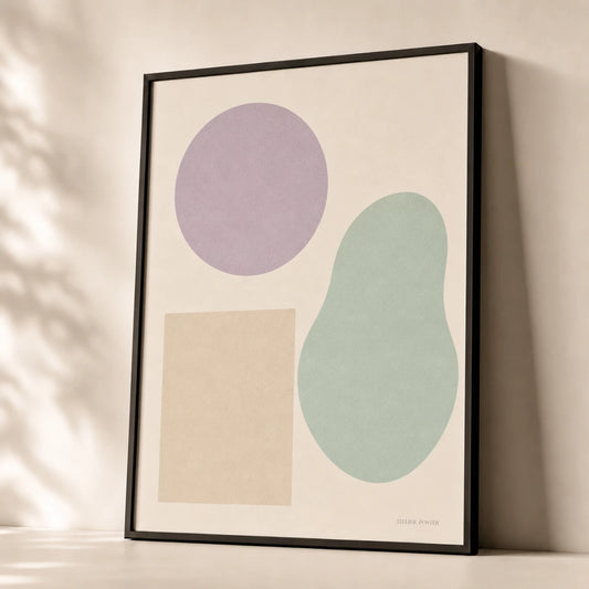 Lavender Shapes Trio Poster — Three pastel shapes lavender mint and cream playful trio, premium hero shot, Atelier Poster