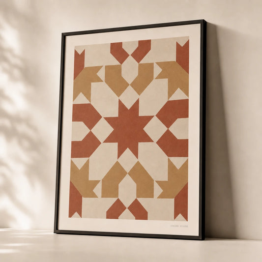 Moroccan Tile Pattern Poster — Geometric Moroccan tile pattern in terracotta and ochre, premium hero shot, Atelier Poster