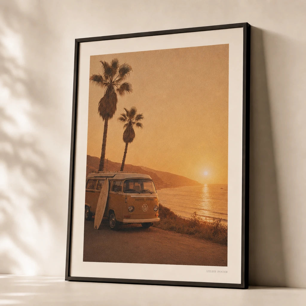 70s California Surf Poster — 1970s California VW van surfboard palms golden sunset, premium hero shot, Atelier Poster