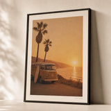70s California Surf Poster — 1970s California VW van surfboard palms golden sunset, premium hero shot, Atelier Poster
