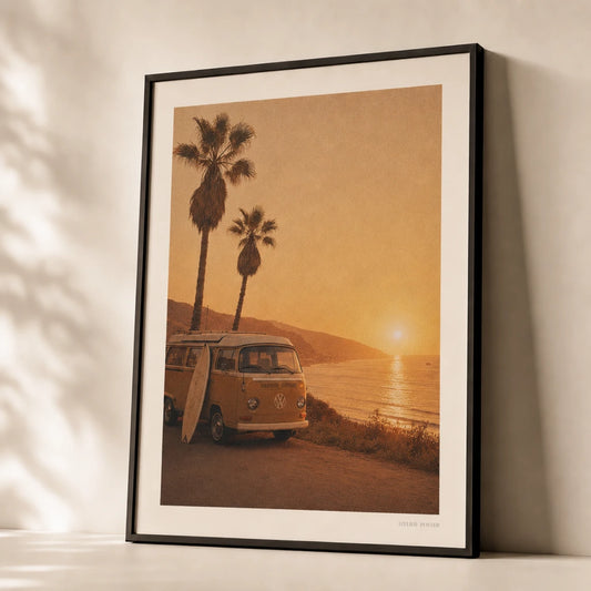 70s California Surf Poster — 1970s California VW van surfboard palms golden sunset, premium hero shot, Atelier Poster