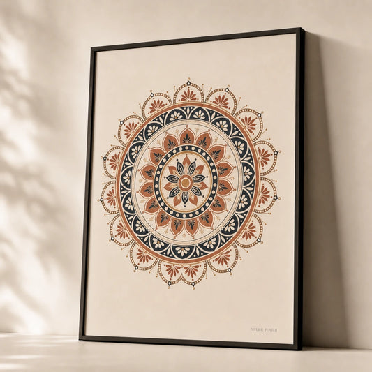 Indian Mandala Detail Poster — Circular Indian mandala in terracotta ochre and indigo, premium hero shot, Atelier Poster