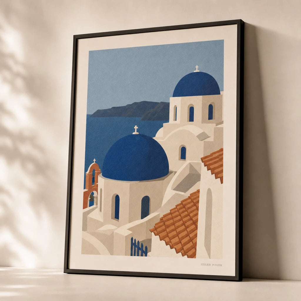 Greek Islands Santorini Poster — Mid-century Santorini blue domes on deep Aegean blue, premium hero shot, Atelier Poster