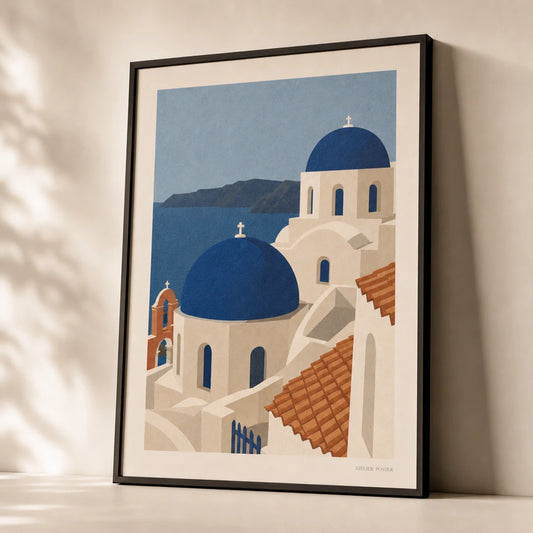 Greek Islands Santorini Poster — Mid-century Santorini blue domes on deep Aegean blue, premium hero shot, Atelier Poster