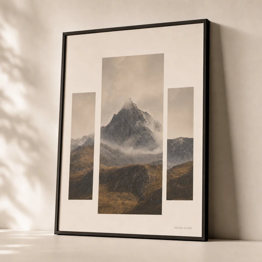 Statement Mountain Flanking Gallery Poster — Statement mountain landscape with two flanking horizon set, premium hero shot, Atelier Poster