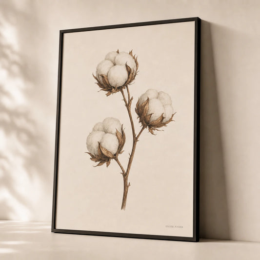 Cotton Branch Sprig Poster — Single cotton sprig with three open bolls on warm cream, premium hero shot, Atelier Poster
