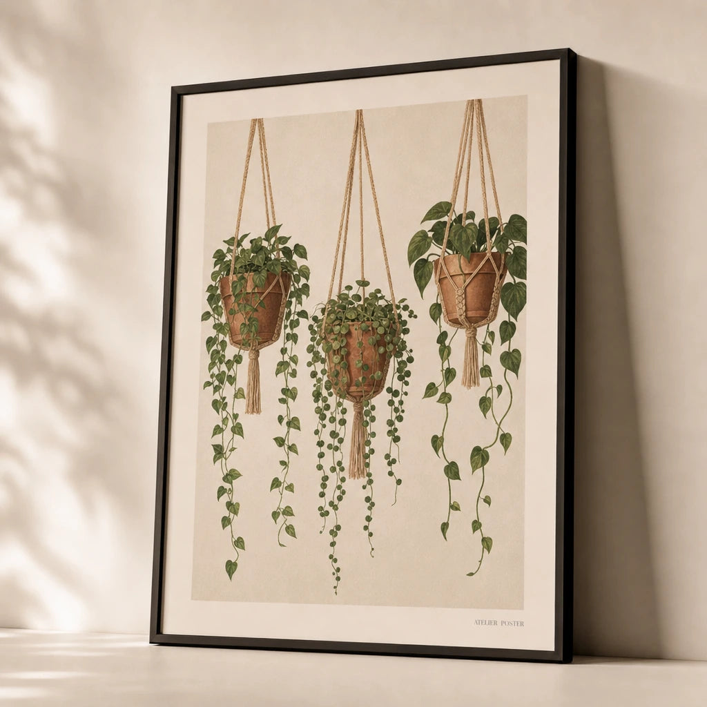 Boho Hanging Plants Trio Poster — Three hanging trailing plants in terracotta pots on macrame, premium hero shot, Atelier Poster