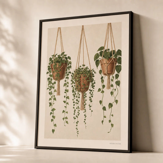 Boho Hanging Plants Trio Poster — Three hanging trailing plants in terracotta pots on macrame, premium hero shot, Atelier Poster