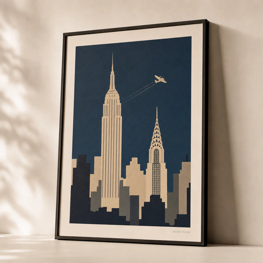 New York Skyline Vintage Poster — 1930s New York skyline with Empire State and Chrysler, premium hero shot, Atelier Poster