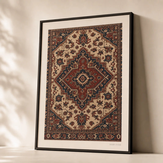 Persian Rug Detail Poster — Persian rug central medallion in deep red and indigo, premium hero shot, Atelier Poster