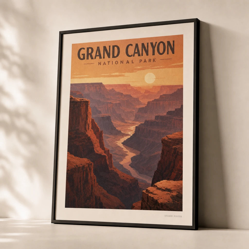 Grand Canyon Sunset Poster — WPA-style Grand Canyon sunset in layered red and orange, premium hero shot, Atelier Poster