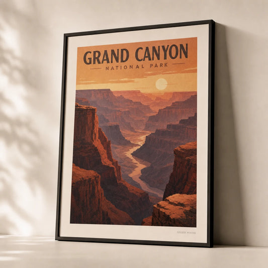 Grand Canyon Sunset Poster — WPA-style Grand Canyon sunset in layered red and orange, premium hero shot, Atelier Poster