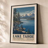 Lake Tahoe Mountain Lake Poster — 1950s Lake Tahoe with Sierra peaks and towering pines, premium hero shot, Atelier Poster