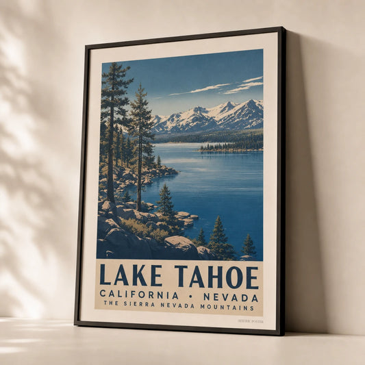 Lake Tahoe Mountain Lake Poster — 1950s Lake Tahoe with Sierra peaks and towering pines, premium hero shot, Atelier Poster