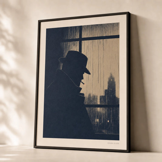 Film Noir Vintage Poster — 1940s film noir detective silhouette deep navy and cream, premium hero shot, Atelier Poster