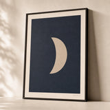 Deep Navy Moon Poster — Cream half-moon on deep navy moody nocturne minimalist, premium hero shot, Atelier Poster