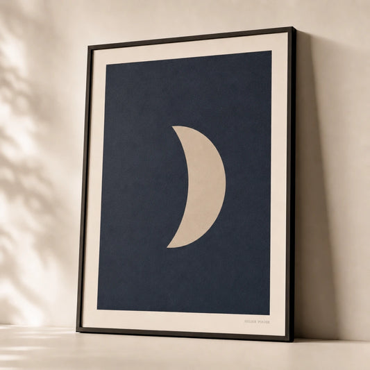 Deep Navy Moon Poster — Cream half-moon on deep navy moody nocturne minimalist, premium hero shot, Atelier Poster