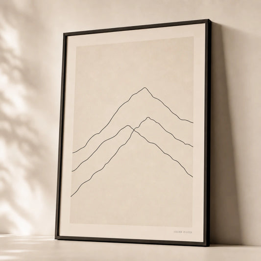 Mountain Range Line Poster — Single-line three layered mountain peaks in thin black, premium hero shot, Atelier Poster