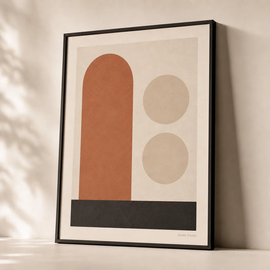 Ochre Arch Composition Poster — Ochre arch with cream circles Bauhaus earth-tone geometric, premium hero shot, Atelier Poster