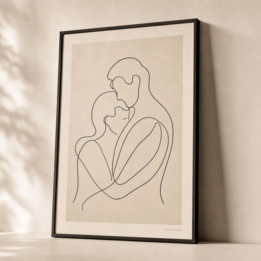 Two Lovers Embrace Poster — Continuous-line two figures embrace in thin black on cream, premium hero shot, Atelier Poster
