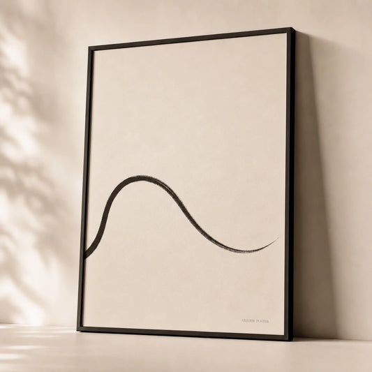 Flowing Wave Curve Poster — Continuous-line flowing wave curve in thin black ink, premium hero shot, Atelier Poster