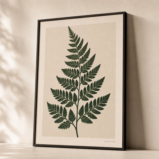 Oversized Fern Frond Poster — Oversized fern frond vertical deep forest green intricate, premium hero shot, Atelier Poster