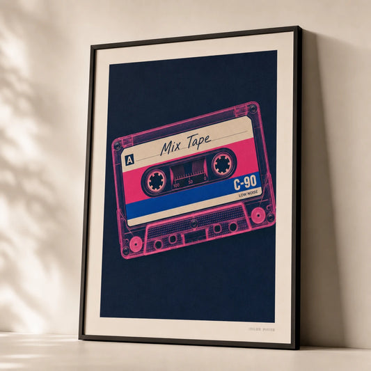 Neon Cassette Tape 80s Poster — Vintage neon pink cassette tape 1980s mixtape on navy, premium hero shot, Atelier Poster