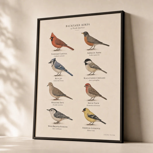 Bird Species Identification Poster — Eight backyard birds labeled in warm scientific illustration, premium hero shot, Atelier Poster