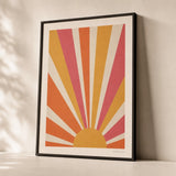 Psychedelic Sunburst 60s Poster — 1960s psychedelic sunburst rays orange magenta mustard, premium hero shot, Atelier Poster