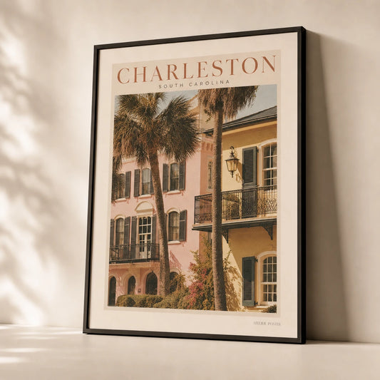 Charleston Southern Coast Poster — Mid-century Charleston row houses with palm trees, premium hero shot, Atelier Poster