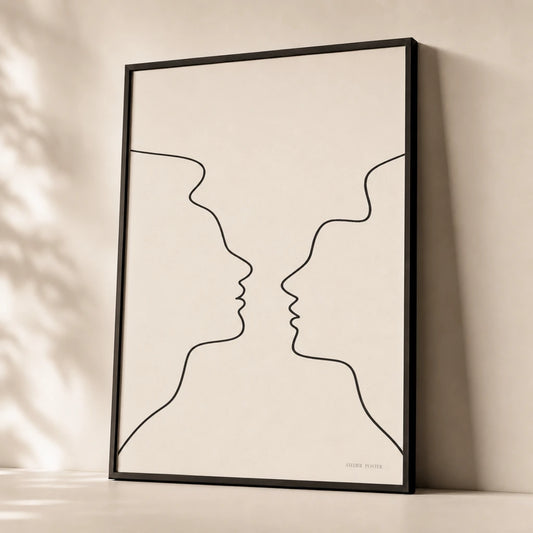Two Faces Conversation Poster — Two stylized face profiles in continuous line dialogue, premium hero shot, Atelier Poster