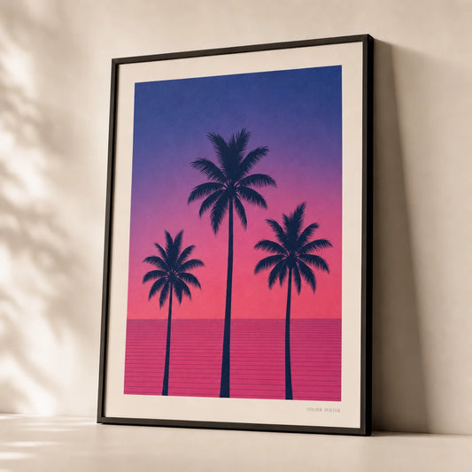 Miami Palms Neon 80s Poster — Three palm silhouettes Miami Vice pink cobalt sunset 1987, premium hero shot, Atelier Poster