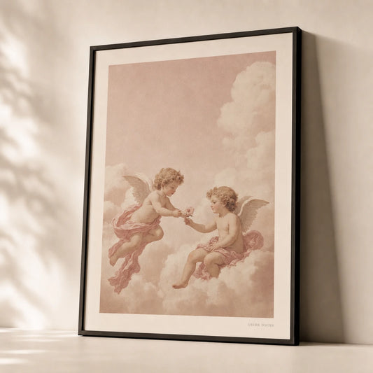 Soft Girl Cherubs Poster — Two cherubs in soft pink and cream Pinterest aesthetic, premium hero shot, Atelier Poster