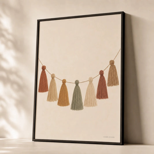 Bohemian Tassel Garland Poster — Bohemian tassel garland in mixed warm earth tones, premium hero shot, Atelier Poster
