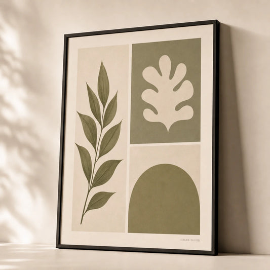 Mixed Botanical Abstract Three Gallery Poster — Three-print botanical abstract mixed sage cream curated, premium hero shot, Atelier Poster