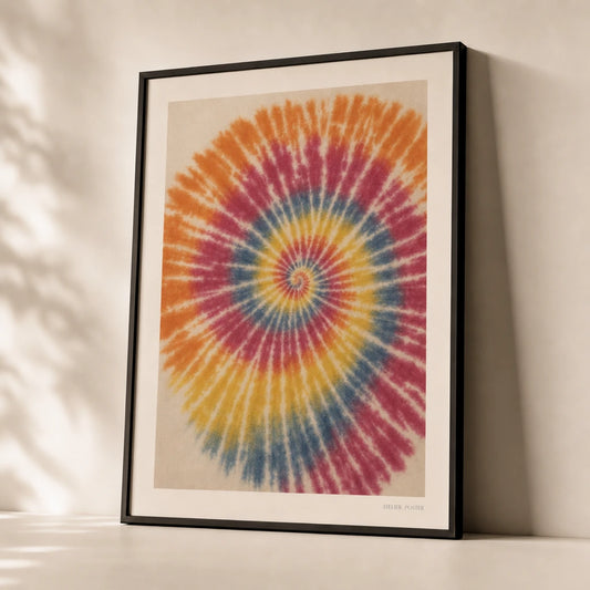 Tie Dye Spiral 60s Poster — Hand-drawn tie-dye spiral 1960s rainbow counter-culture, premium hero shot, Atelier Poster