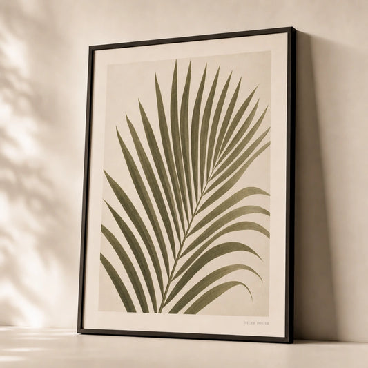 Palm Frond Single Poster — Single tall palm frond in muted olive and sage tones, premium hero shot, Atelier Poster