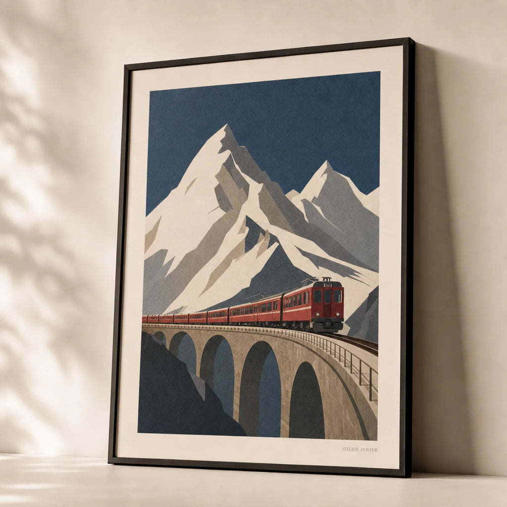 Swiss Alps Mountain Railway Poster — 1920s Swiss Alps with vintage red train on viaduct, premium hero shot, Atelier Poster