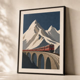 Swiss Alps Mountain Railway Poster — 1920s Swiss Alps with vintage red train on viaduct, premium hero shot, Atelier Poster