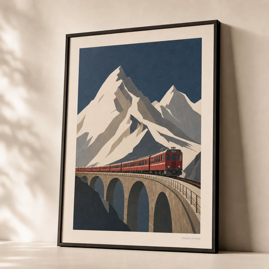 Swiss Alps Mountain Railway Poster — 1920s Swiss Alps with vintage red train on viaduct, premium hero shot, Atelier Poster