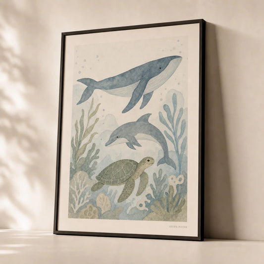 Ocean Creatures Trio Poster — Whale dolphin sea turtle in soft blue and sage tones, premium hero shot, Atelier Poster