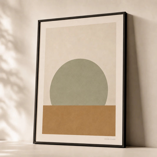 Sage Half-Moon Plain Poster — Soft sage half-moon over ochre plain calm minimalist, premium hero shot, Atelier Poster