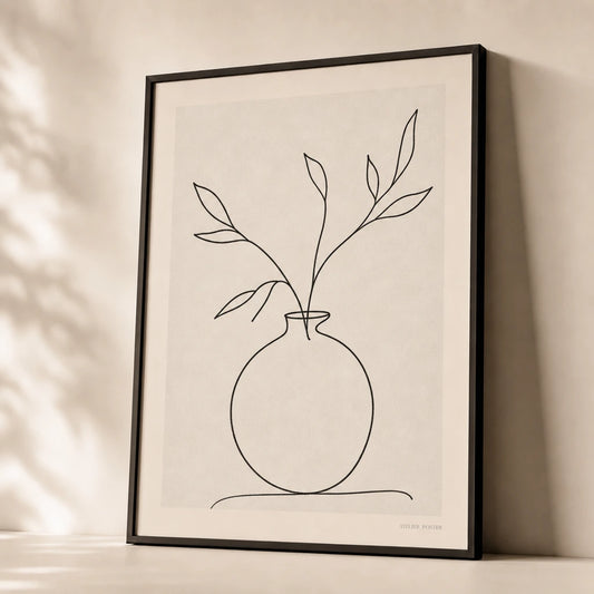 Vase Still Life Line Poster — Single-line vase with three branches in continuous black, premium hero shot, Atelier Poster