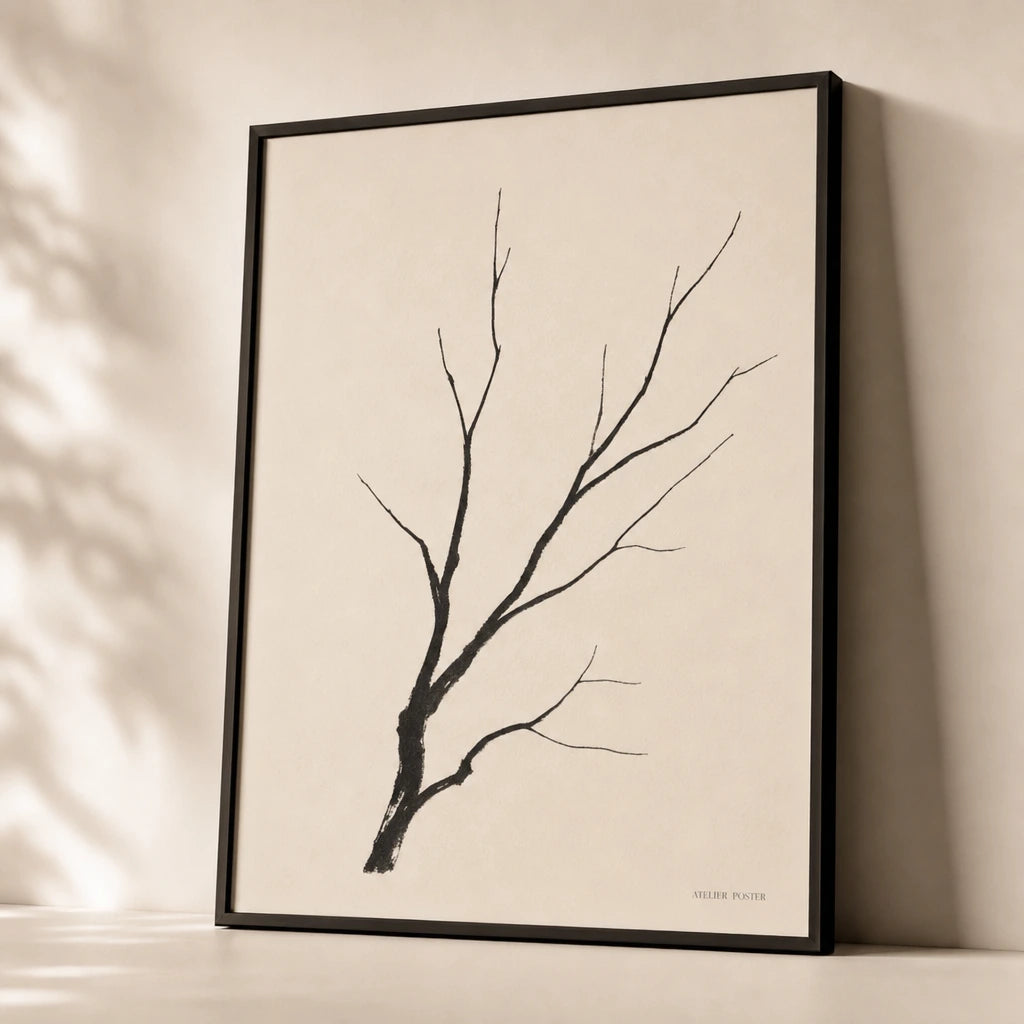 Single Tree Branch Poster — Single-line bare tree branch in calligraphic black ink, premium hero shot, Atelier Poster