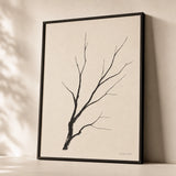 Single Tree Branch Poster — Single-line bare tree branch in calligraphic black ink, premium hero shot, Atelier Poster