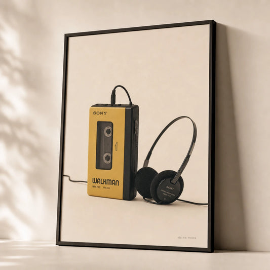 Vintage Walkman 90s Poster — Vintage 90s Sony Walkman yellow and black with headphones, premium hero shot, Atelier Poster